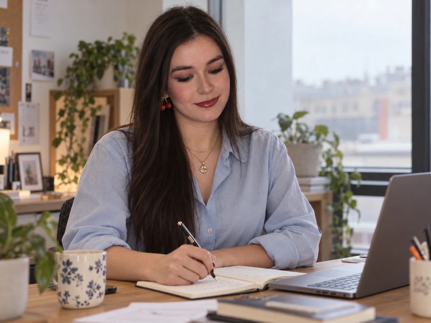 AI-generated editorial portrait of Coralie in a creative setting
